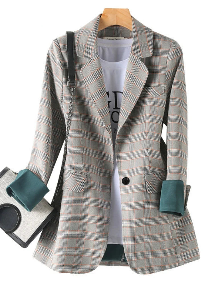 New Fashion Business Interview Plaid Suits Women, Ladies Long Sleeve Spring Casual Blazer