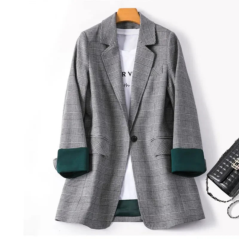 New Fashion Business Interview Plaid Suits Women, Ladies Long Sleeve Spring Casual Blazer
